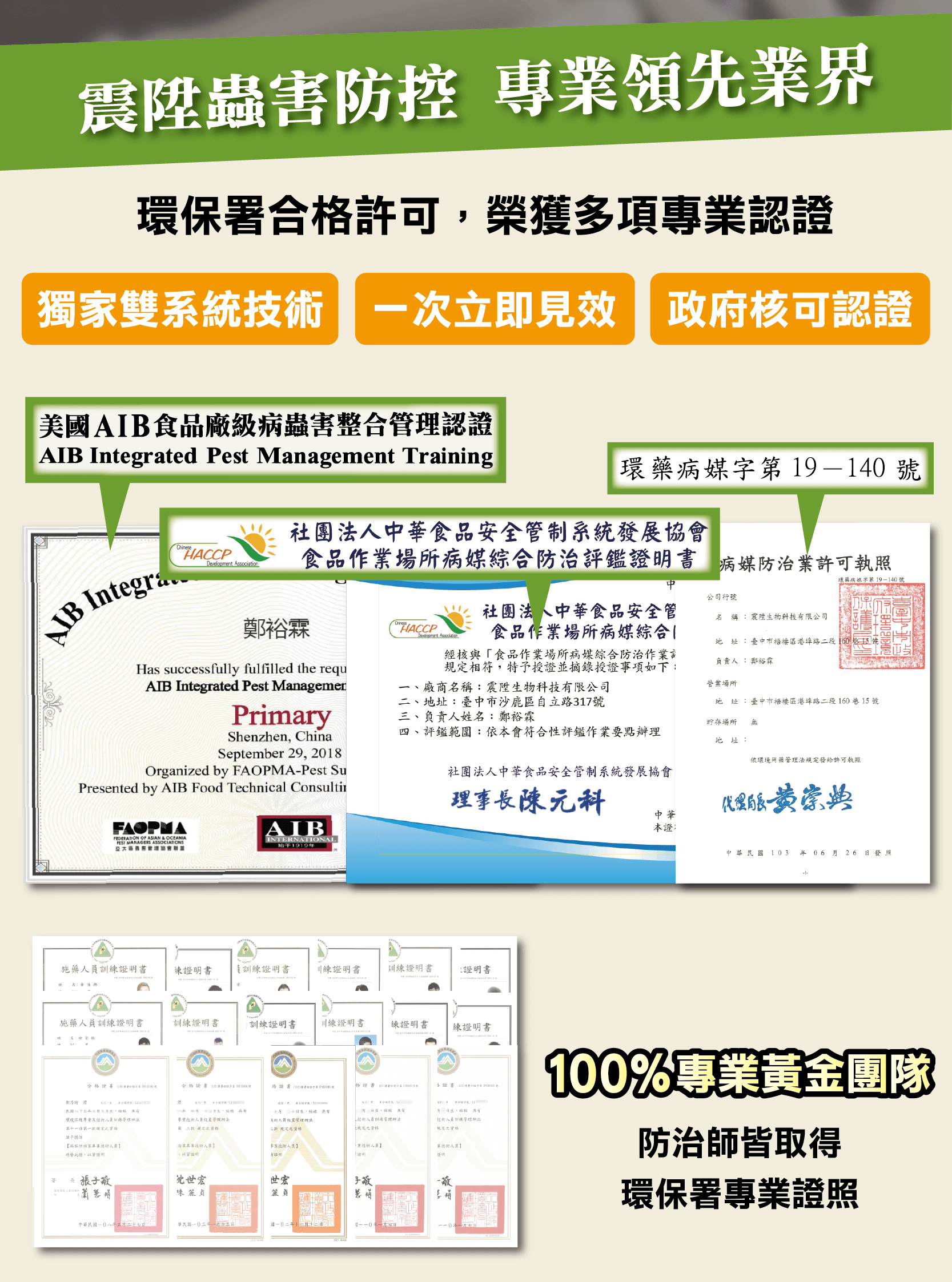 震陞蟲害防控專業認可與技術執照許可，100%專業技術團隊除白蟻