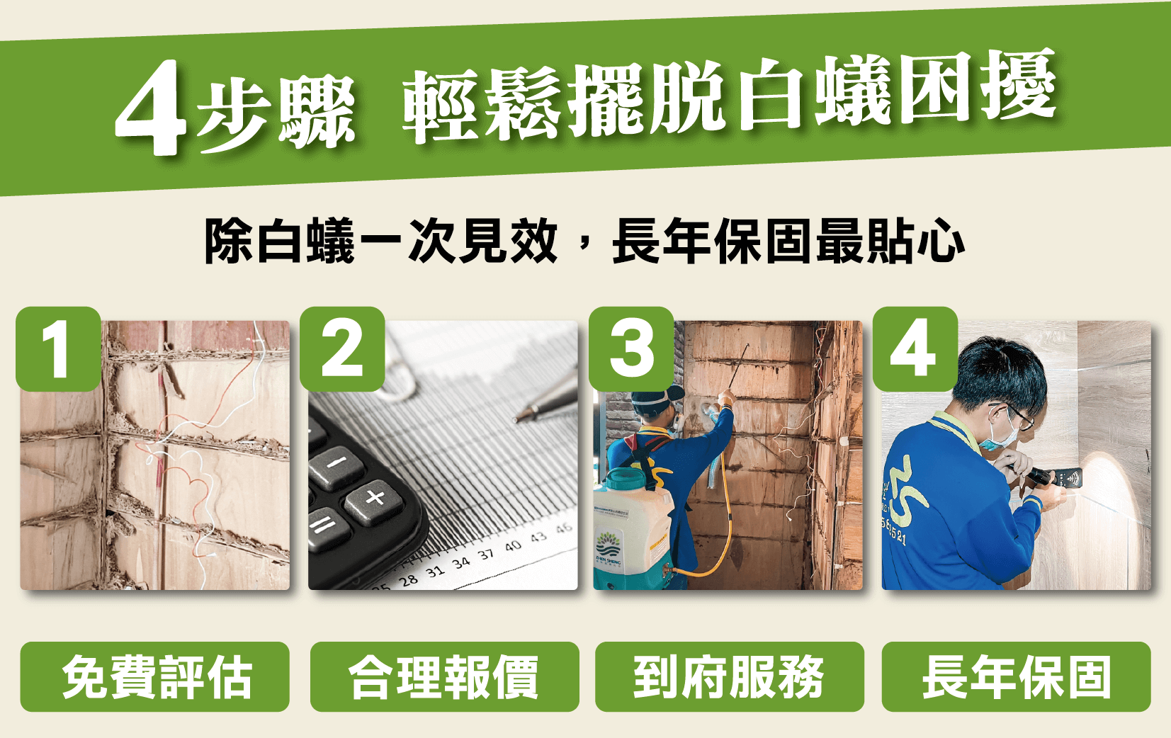 除白蟻4步驟，震陞讓您輕鬆擺脫白蟻問題，專員會勘評估免費用，立即預約